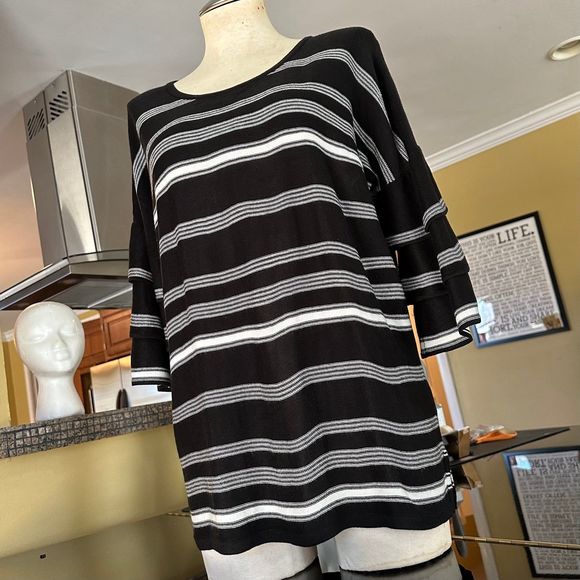 Calvin Klein Black & White Stripe Ruffled Bell Sleeve Scoop Neck Tunic Sweater - Picture 10 of 12